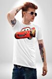 Şimşek McQueen Arabalar Kadın Erkek Unisex Beyaz Organik Baskılı T-Shirt Penye Yüksek Kalite