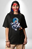 Buz Devri Scrat Astronot Pamuklu Bisiklet Yaka Kadın Erkek Oversize Boyfriend Dijital Baskılı Siyah T-shirt