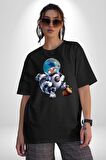 Buz Devri Scrat Astronot Pamuklu Bisiklet Yaka Kadın Erkek Oversize Boyfriend Dijital Baskılı Siyah T-shirt