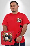 Kung Fu Panda Kırmızı Büyük Beden Kadın Basic Minimal Baskılı Tişört
