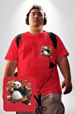 Kung Fu Panda Kırmızı Büyük Beden Kadın Basic Minimal Baskılı Tişört