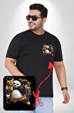 Kung Fu Panda Siyah Büyük Beden Kadın Basic Minimal Baskılı Tişört