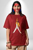Queen Freddie Mercury  Pamuklu Bisiklet Yaka Kadın Erkek Oversize Boyfriend Dijital Baskılı Kırmızı T-shirt