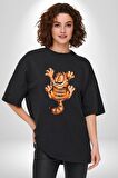 Yaramaz Kedi Garfiel Tırmalama Pamuklu Bisiklet Yaka Kadın Erkek Oversize Boyfriend Dijital Baskılı Siyah T-shirt