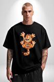 Yaramaz Kedi Garfiel Tırmalama Pamuklu Bisiklet Yaka Kadın Erkek Oversize Boyfriend Dijital Baskılı Siyah T-shirt