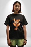 Yaramaz Kedi Garfiel Tırmalama Pamuklu Bisiklet Yaka Kadın Erkek Oversize Boyfriend Dijital Baskılı Siyah T-shirt