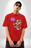 Basketbol Tavşan Lola Bunny  Pamuklu Bisiklet Yaka Kadın Erkek Oversize Boyfriend Dijital Baskılı Kırmızı T-shirt