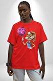 Basketbol Tavşan Lola Bunny  Pamuklu Bisiklet Yaka Kadın Erkek Oversize Boyfriend Dijital Baskılı Kırmızı T-shirt