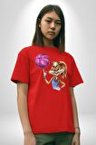 Basketbol Tavşan Lola Bunny  Pamuklu Bisiklet Yaka Kadın Erkek Oversize Boyfriend Dijital Baskılı Kırmızı T-shirt