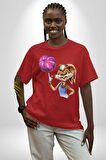 Basketbol Tavşan Lola Bunny  Pamuklu Bisiklet Yaka Kadın Erkek Oversize Boyfriend Dijital Baskılı Kırmızı T-shirt