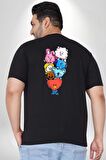 Kpop BTS BT21 Büyük Beden Siyah Tişört Kadın Erkek Ünisex Sırt Baskılı
