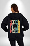 Atatürk İmzalı Türk Logo Kadın Erkek Siyah Kapüşonlu Fermuarlı Baskılı Hırka Sweatshirt