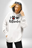 Köpek Sevgisi Rottweiler  Kadın Erkek  Beyaz Kapüşonlu Sweatshirt Hoodie