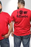 Köpek Sevgisi Rottweiler  Büyük Beden Kırmızı Tişört Kadın Erkek Ünisex Sırt Baskılı