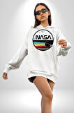 Nasa Uzay Tasarımı Kadın Erkek  Beyaz Kapüşonlu Sweatshirt Hoodie