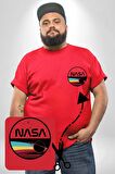 Nasa Uzay Tasarımı Kırmızı Büyük Beden Kadın Basic Minimal Baskılı Tişört