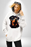 Sulu Boya Rottweiler Kadın Erkek  Beyaz Kapüşonlu Sweatshirt Hoodie