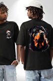 Sulu Boya Rottweiler Siyah Oversize Kadın Erkek Ön ve Sırt Baskılı Tişört