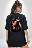 Sulu Boya Rottweiler Siyah Oversize Kadın Erkek Ön ve Sırt Baskılı Tişört