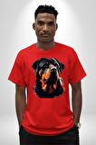 Sulu Boya Rottweiler Pamuklu Bisiklet Yaka Kadın Erkek Oversize Boyfriend Dijital Baskılı Kırmızı T-shirt
