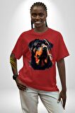 Sulu Boya Rottweiler Pamuklu Bisiklet Yaka Kadın Erkek Oversize Boyfriend Dijital Baskılı Kırmızı T-shirt