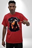 Sulu Boya Rottweiler Pamuklu Bisiklet Yaka Kadın Erkek Oversize Boyfriend Dijital Baskılı Kırmızı T-shirt