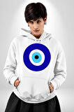 Nazar Boncuğu Kadın Erkek  Beyaz Kapüşonlu Sweatshirt Hoodie