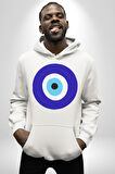 Nazar Boncuğu Kadın Erkek  Beyaz Kapüşonlu Sweatshirt Hoodie