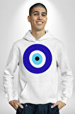 Nazar Boncuğu Kadın Erkek  Beyaz Kapüşonlu Sweatshirt Hoodie