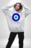 Nazar Boncuğu Kadın Erkek  Beyaz Kapüşonlu Sweatshirt Hoodie