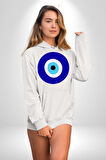 Nazar Boncuğu Kadın Erkek  Beyaz Kapüşonlu Sweatshirt Hoodie