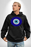 Nazar Boncuğu Kadın Erkek  Siyah Kapüşonlu Sweatshirt Hoodie