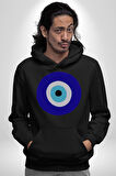 Nazar Boncuğu Kadın Erkek  Siyah Kapüşonlu Sweatshirt Hoodie