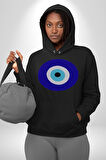 Nazar Boncuğu Kadın Erkek  Siyah Kapüşonlu Sweatshirt Hoodie