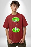 Rick Portal Pamuklu Bisiklet Yaka Kadın Erkek Oversize Boyfriend Dijital Baskılı Kırmızı T-shirt