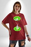 Rick Portal Pamuklu Bisiklet Yaka Kadın Erkek Oversize Boyfriend Dijital Baskılı Kırmızı T-shirt