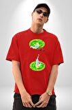 Rick Portal Pamuklu Bisiklet Yaka Kadın Erkek Oversize Boyfriend Dijital Baskılı Kırmızı T-shirt