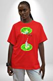 Rick Portal Pamuklu Bisiklet Yaka Kadın Erkek Oversize Boyfriend Dijital Baskılı Kırmızı T-shirt
