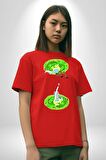 Rick Portal Pamuklu Bisiklet Yaka Kadın Erkek Oversize Boyfriend Dijital Baskılı Kırmızı T-shirt