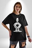 Donut Homer Simpson Karakalem Pamuklu Bisiklet Yaka Kadın Erkek Oversize Boyfriend Dijital Baskılı Siyah T-shirt