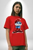 Şirin Baba Özel Cizim  Pamuklu Bisiklet Yaka Kadın Erkek Oversize Boyfriend Dijital Baskılı Kırmızı T-shirt