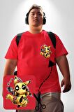 Pikachu Deadpool Tasarımı Kırmızı Büyük Beden Kadın Basic Minimal Baskılı Tişört