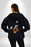 Goofy Özel Tasarım Kadın Erkek Siyah Kapüşonlu Fermuarlı Baskılı Hırka Sweatshirt