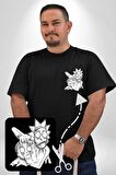 Rick and Morty Karakalem Çalışması Siyah Büyük Beden Kadın Basic Minimal Baskılı Tişört