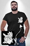 Rick and Morty Karakalem Çalışması Siyah Büyük Beden Kadın Basic Minimal Baskılı Tişört
