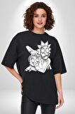 Rick and Morty Karakalem Çalışması Pamuklu Bisiklet Yaka Kadın Erkek Oversize Boyfriend Dijital Baskılı Siyah T-shirt