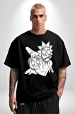 Rick and Morty Karakalem Çalışması Pamuklu Bisiklet Yaka Kadın Erkek Oversize Boyfriend Dijital Baskılı Siyah T-shirt