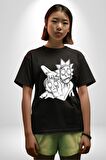 Rick and Morty Karakalem Çalışması Pamuklu Bisiklet Yaka Kadın Erkek Oversize Boyfriend Dijital Baskılı Siyah T-shirt