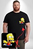 Düşen Bart Simpson Siyah Büyük Beden Kadın Basic Minimal Baskılı Tişört