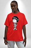 Cedric ve Chen Karakalem  Pamuklu Bisiklet Yaka Kadın Erkek Oversize Boyfriend Dijital Baskılı Kırmızı T-shirt